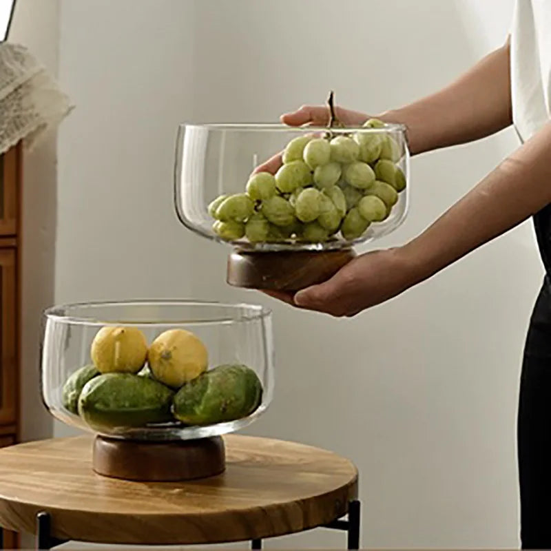 Glass & Acacia Wood Fruit Tray – Decorative Serving Bowl