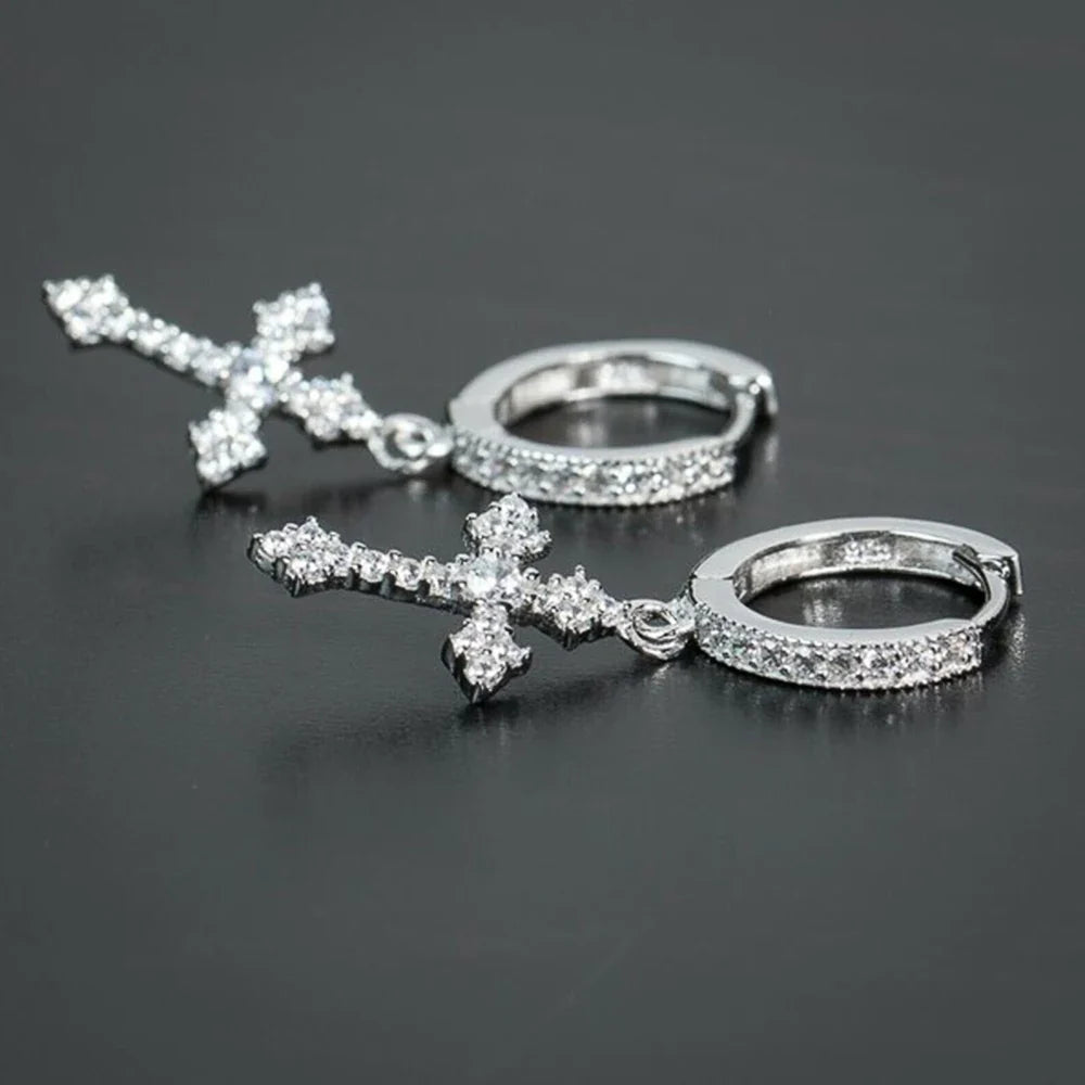 Huitan CZ Cross Drop Hoop Earrings – Unisex Fashion Jewelry