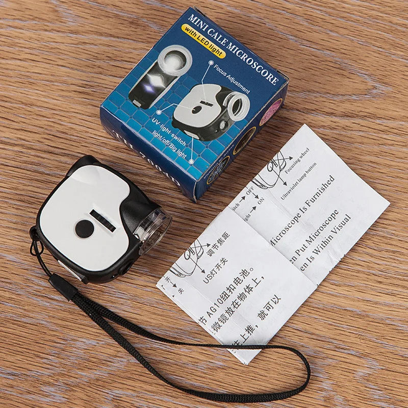 55X Pocket Microscope with LED & UV Light – Foldable
