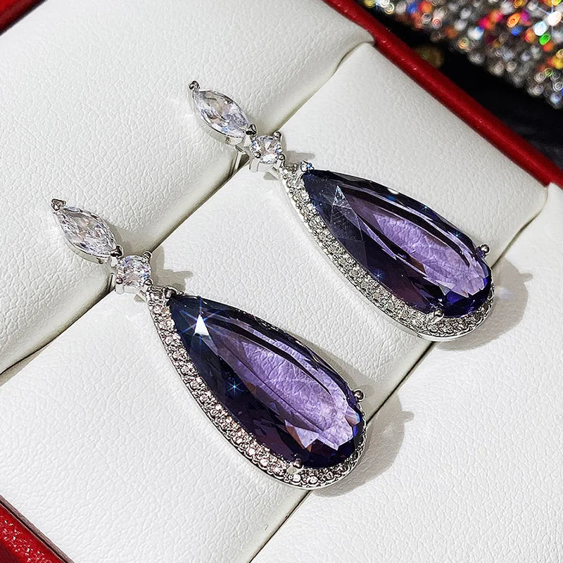 Huitan Purple CZ Teardrop Drop Earrings – Silver Tone Women