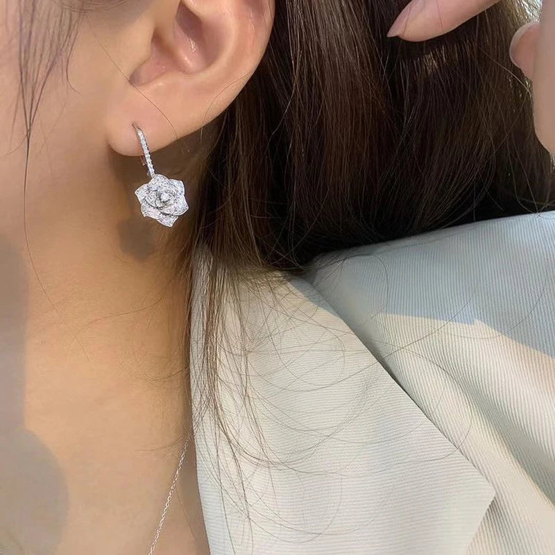 Huitan Floral CZ Dangle Earrings – Silver Drop Earrings Women