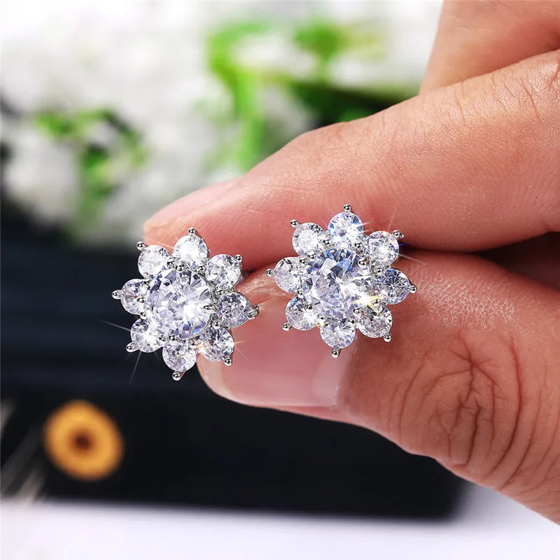 Huitan Crystal Flower Stud Earrings | Cubic Zirconia Women