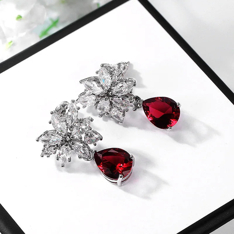 Huitan Red CZ Drop Earrings | Women's Crystal Pendant Jewelry