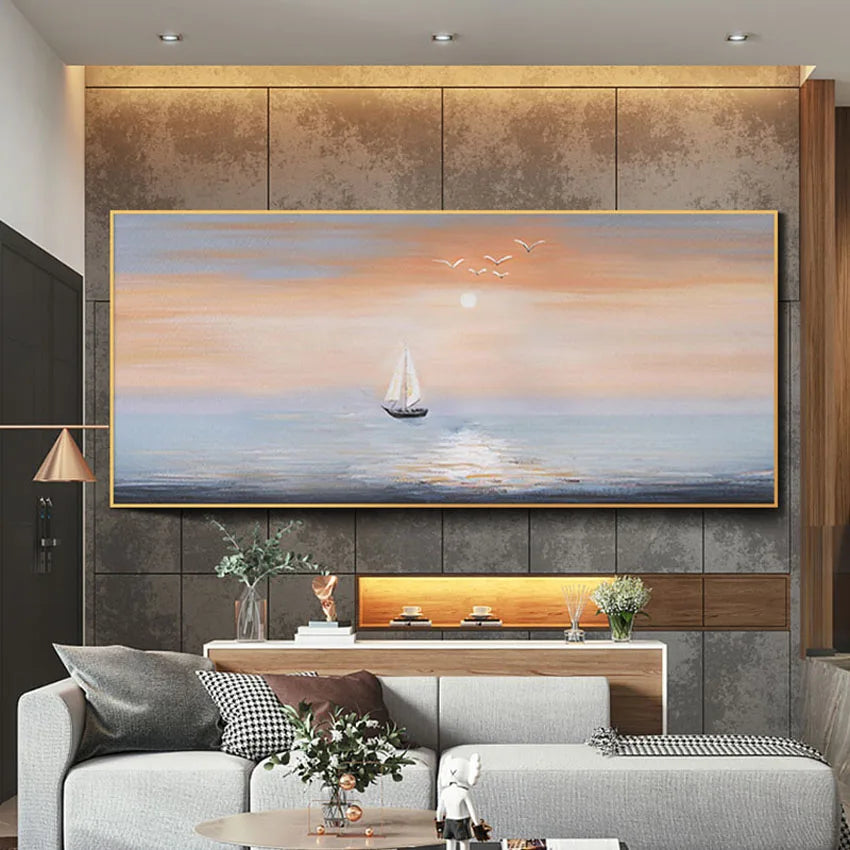 Handmade Canvas Oil Painting – Sailboat & Landscape Wall Art