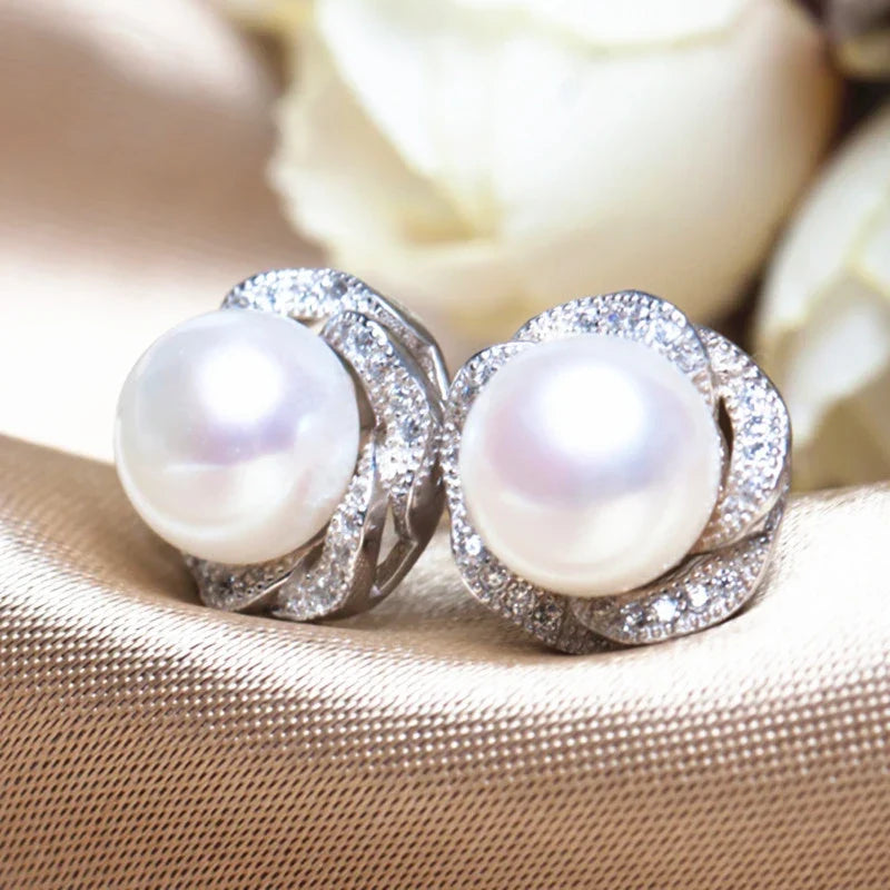 Huitan Pearl & CZ Flower Stud Earrings – Women's Elegant Jewelry