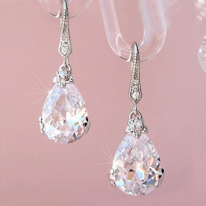 Huitan Pear Cubic Zirconia Silver Drop Earrings for Women