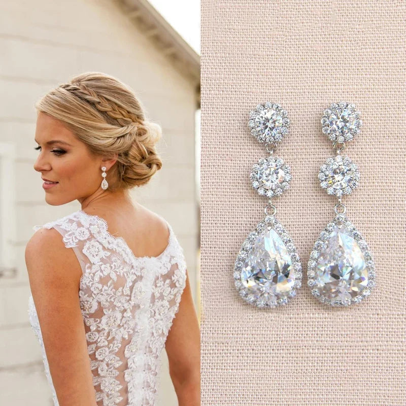 Huitan Crystal CZ Drop Earrings – Silver Geometric Dangle