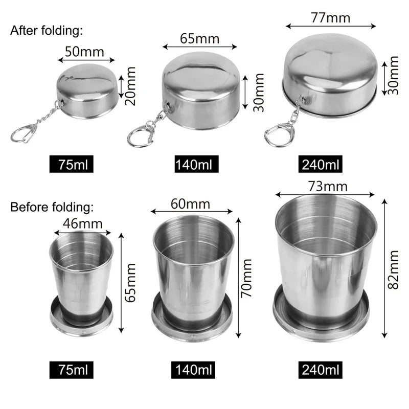 Collapsible Stainless Steel Travel Cup & Keychain – 75/140/240ml