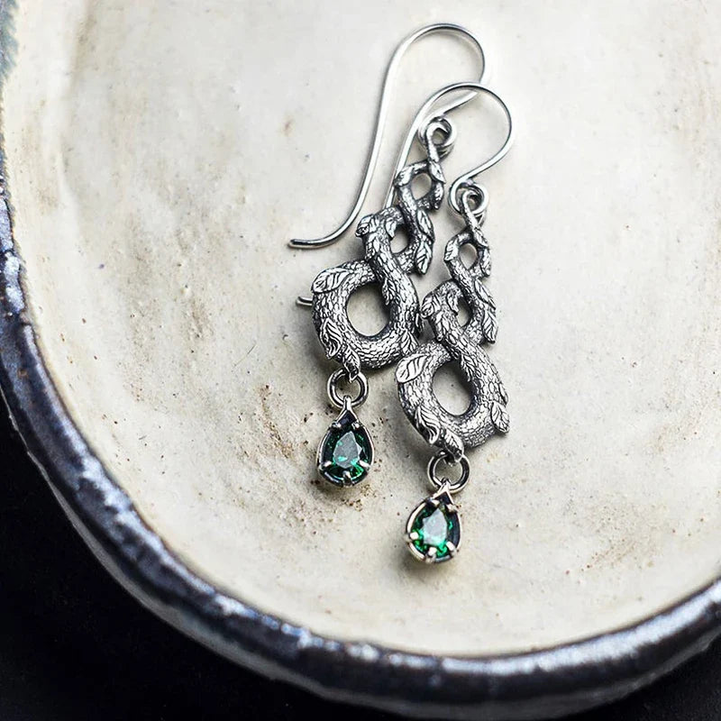 Huitan Vintage Green Zirconia Twist Drop Earrings | Dragon Leaf