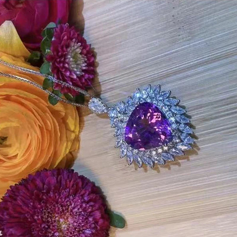 Huitan Heart Purple CZ Pendant Necklace for Women | Trendy