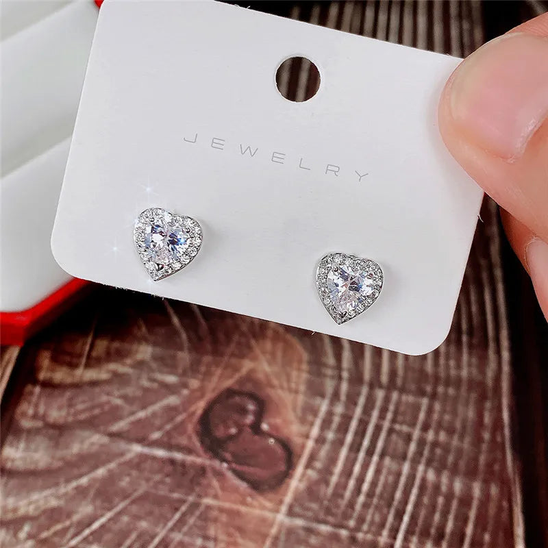 Huitan Pink CZ Heart Stud Earrings – Dainty Gift for Women