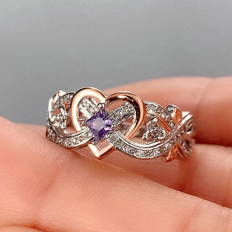 Huitan Women's Heart Ring – Rose Flower CZ Wedding Band