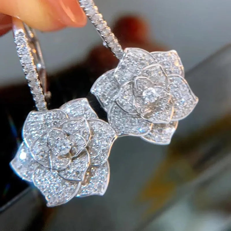 Huitan Floral CZ Dangle Earrings – Silver Drop Earrings Women