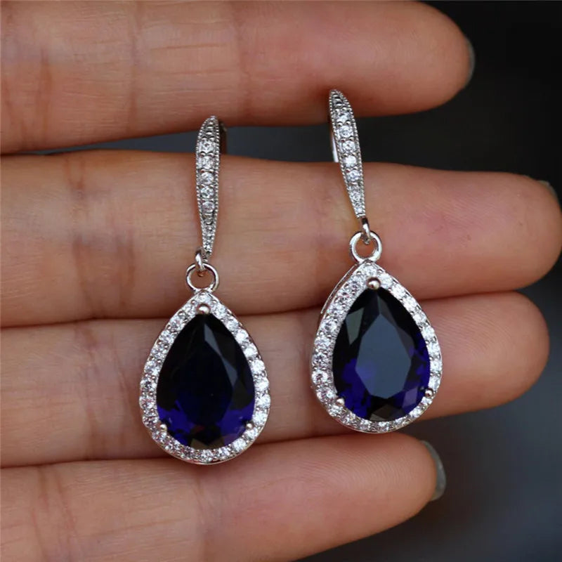 Huitan CZ Drop Earrings – White, Blue & Purple for Women