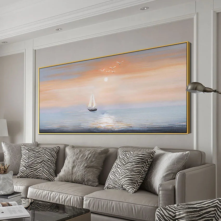 Handmade Canvas Oil Painting – Sailboat & Landscape Wall Art