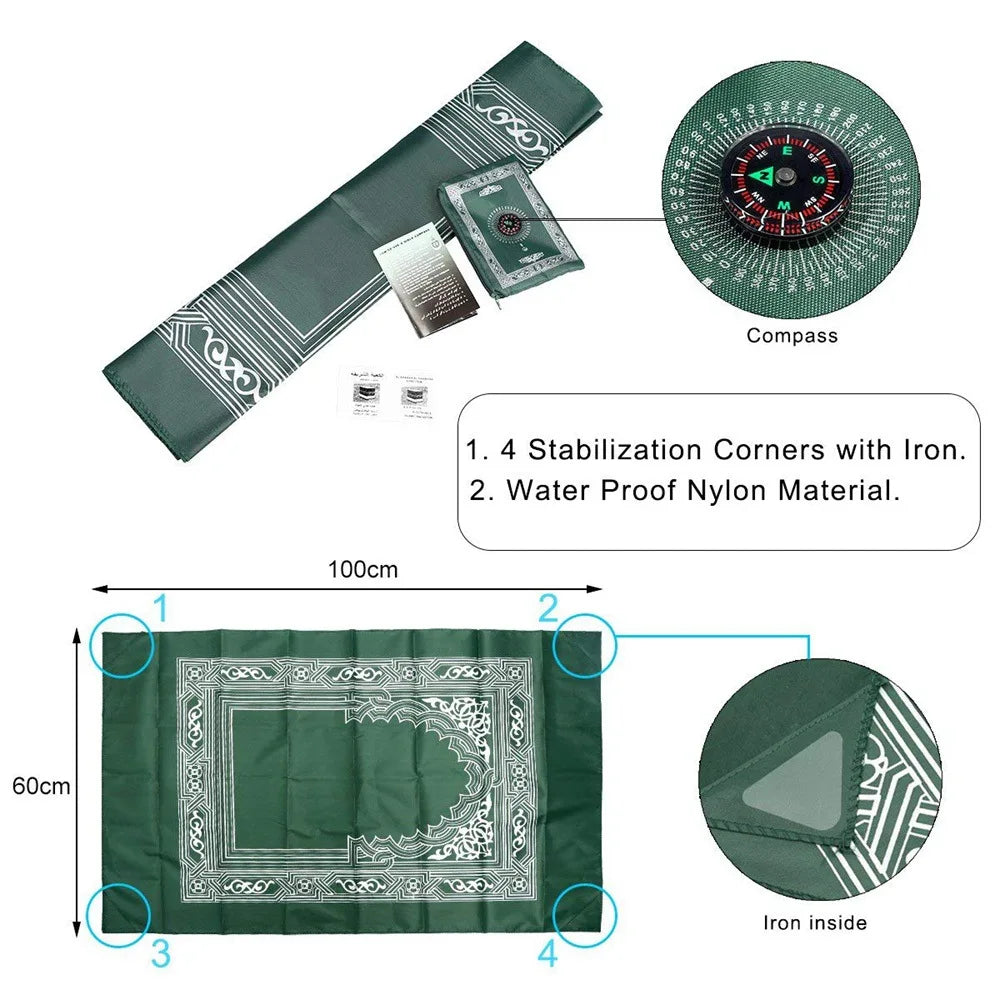 Portable Muslim Travel Prayer Mat with Compass & Booklet