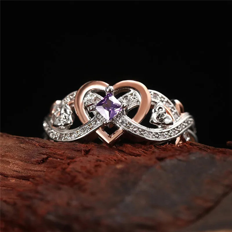 Huitan Women's Heart Ring – Rose Flower CZ Wedding Band