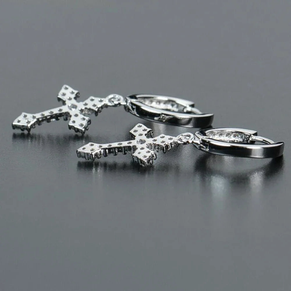 Huitan CZ Cross Drop Hoop Earrings – Unisex Fashion Jewelry