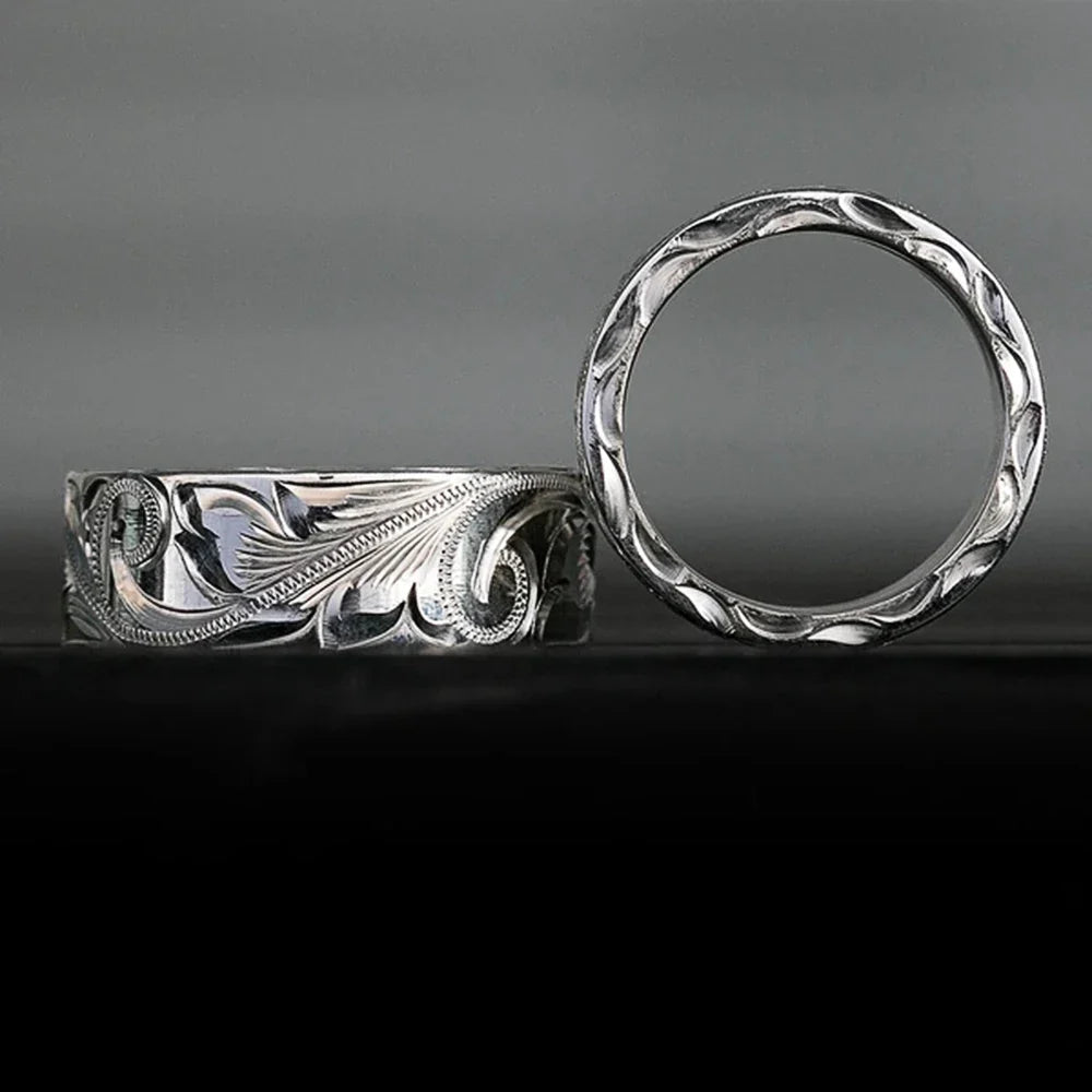 Huitan Carved Couple Rings – Silver-Tone Band Sizes 5–14