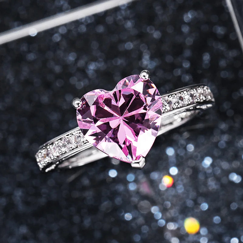 Huitan Pink Cubic Zirconia Heart Solitaire Ring for Women