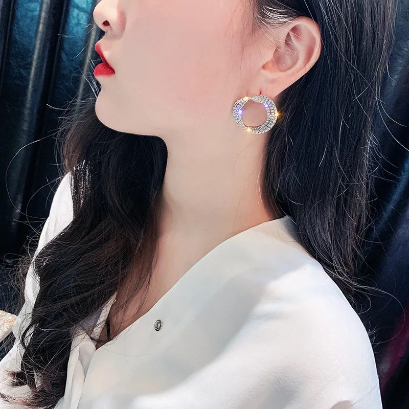 Huitan CZ Crystal Round Stud Earrings – Silver Micro Paved Women