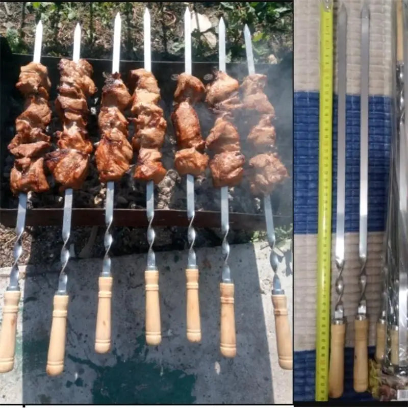 55cm Stainless Steel BBQ Skewers Set | Wood Handle 6–12 Pcs
