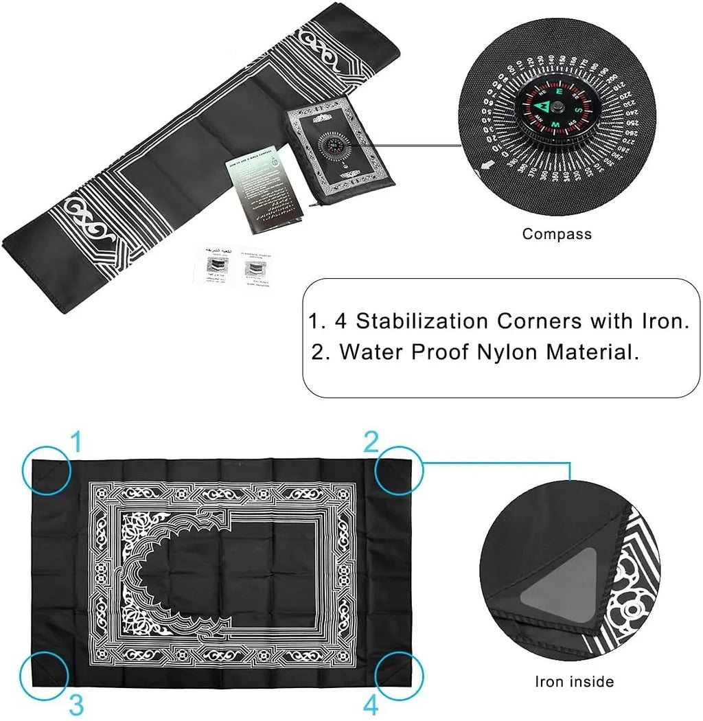 Portable Muslim Travel Prayer Mat with Compass & Booklet
