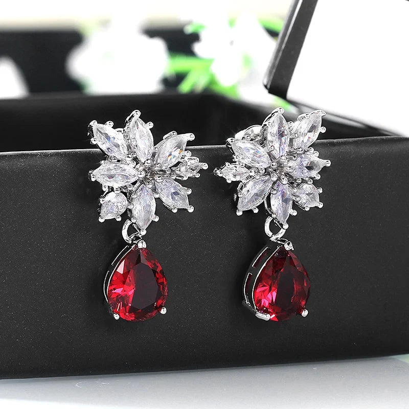 Huitan Red CZ Drop Earrings | Women's Crystal Pendant Jewelry