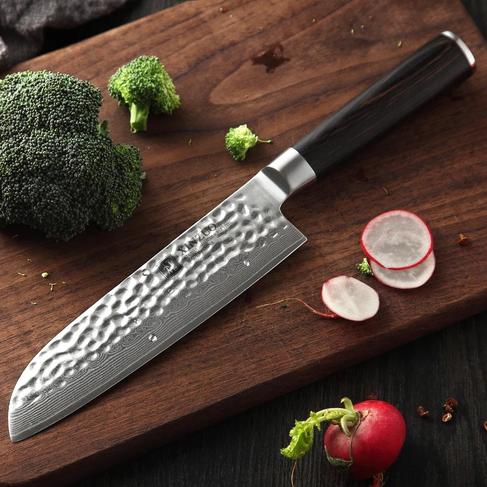 XINZUO 7" Damascus Santoku Knife – VG10 Steel & Pakkawood
