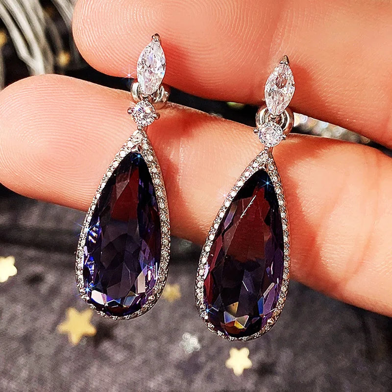 Huitan Purple CZ Teardrop Drop Earrings – Silver-Tone Women's Jewelry
