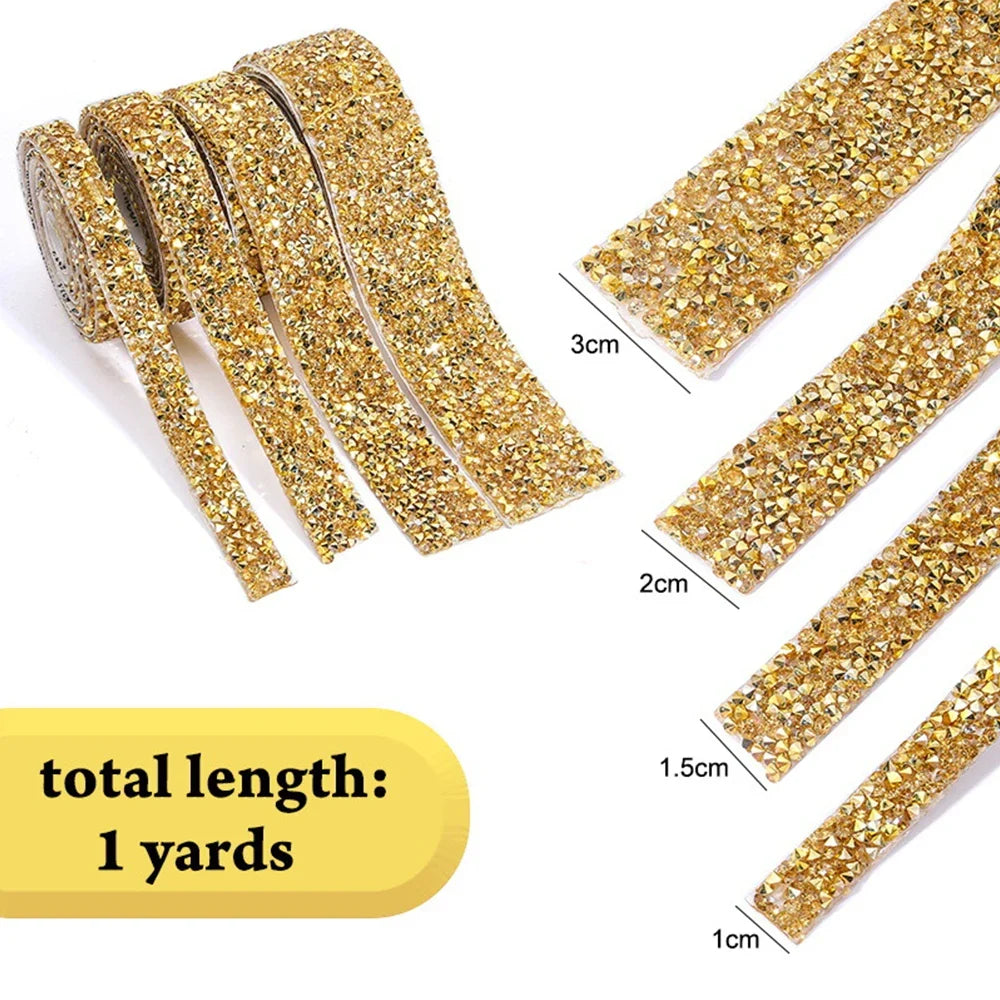 1 Yard Self-adhesive Gold Crystal Rhinestone Tape Trim Applicator DIY