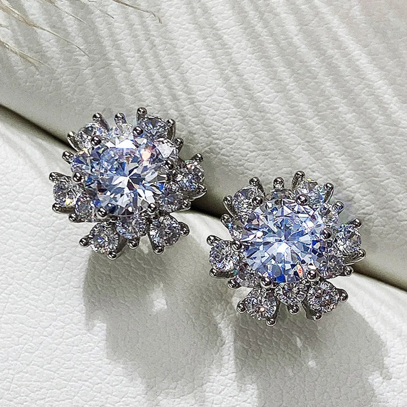 Huitan Flower Stud Earrings – Cubic Zirconia Crystal for Women