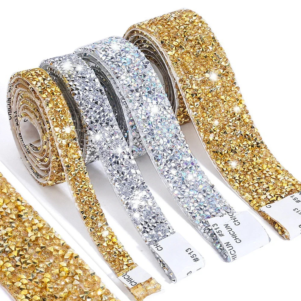 1 Yard Self-adhesive Gold Crystal Rhinestone Tape Trim Applicator DIY