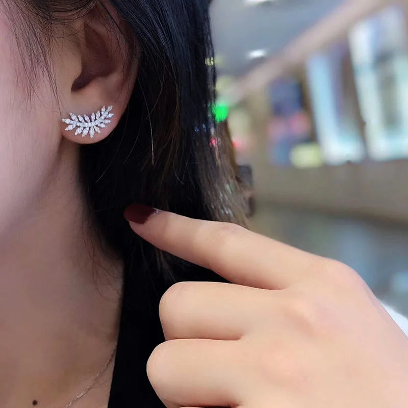 Huitan Silver Leaf CZ Stud Earrings – Women's Fashion Jewelry