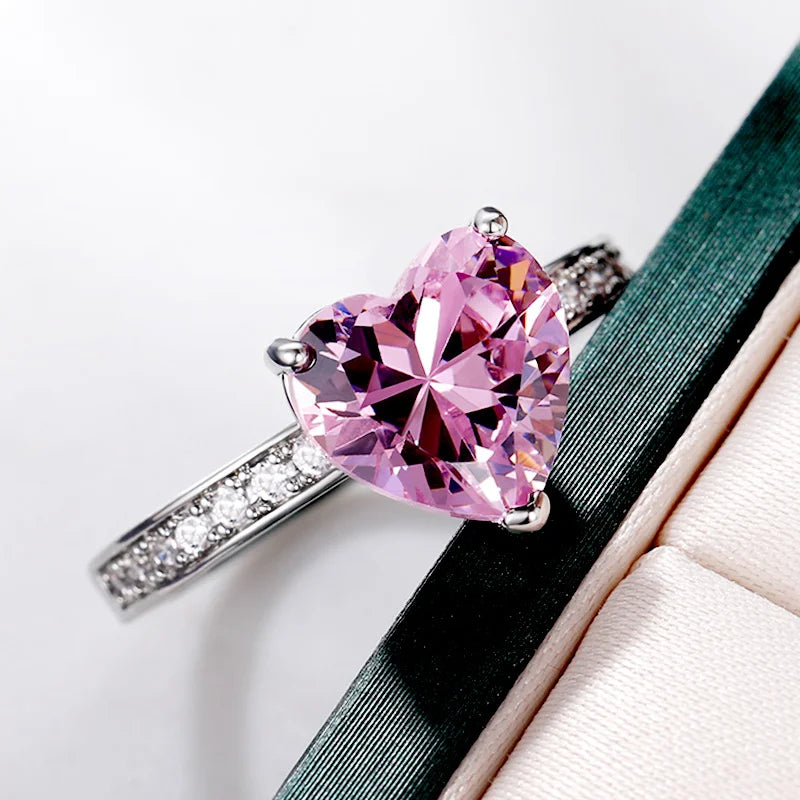 Huitan Pink Cubic Zirconia Heart Solitaire Ring for Women