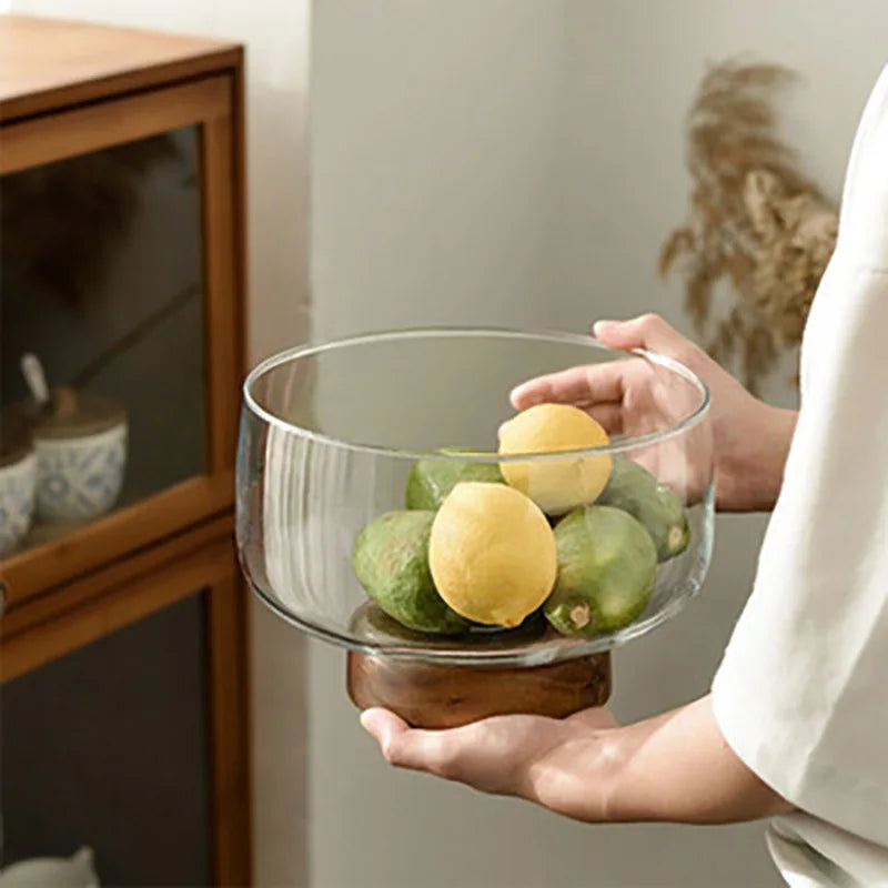 Glass & Acacia Wood Fruit Tray – Decorative Serving Bowl