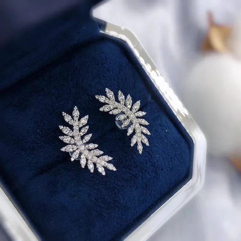 Huitan Silver Leaf CZ Stud Earrings – Women's Fashion Jewelry