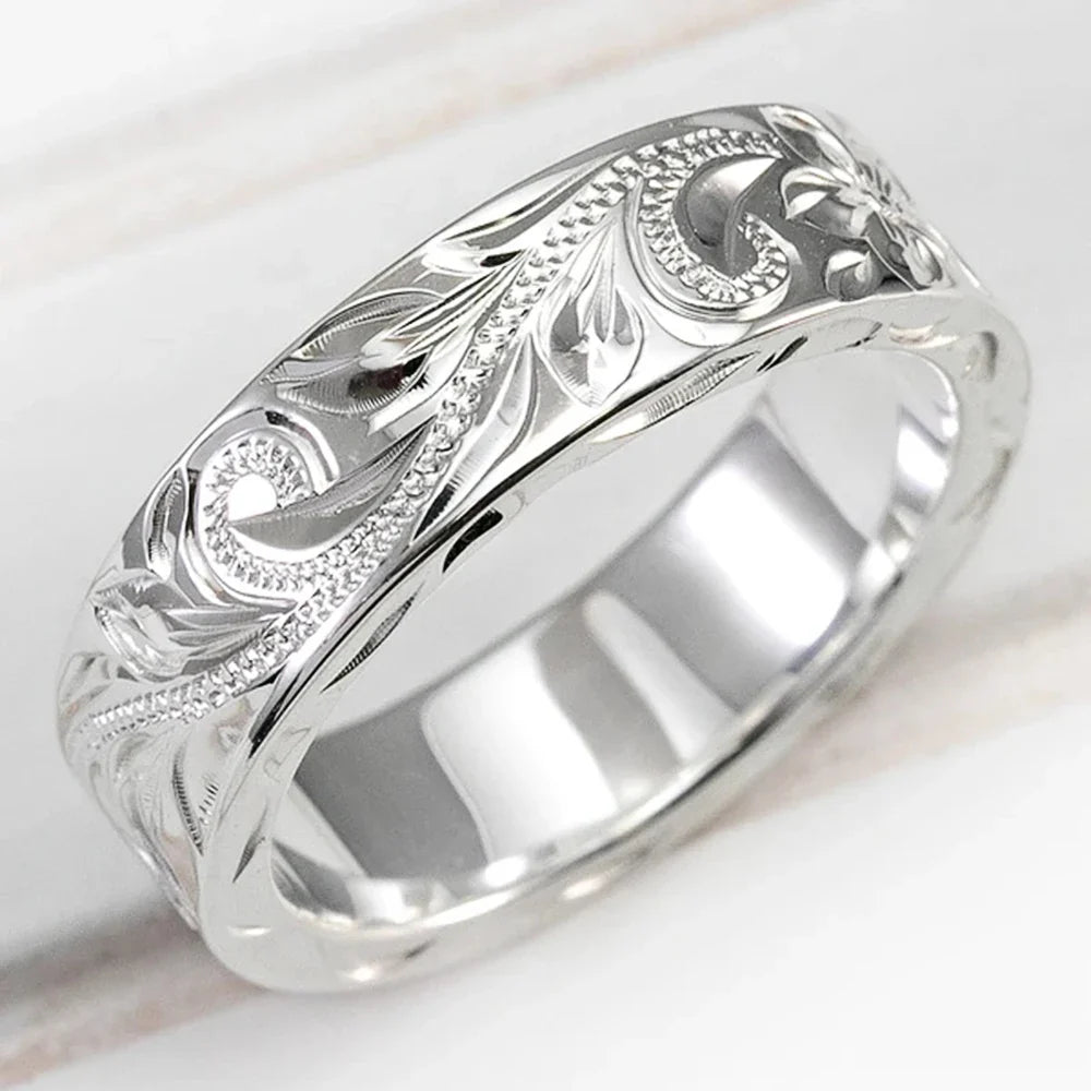 Huitan Carved Couple Rings – Silver-Tone Band Sizes 5–14