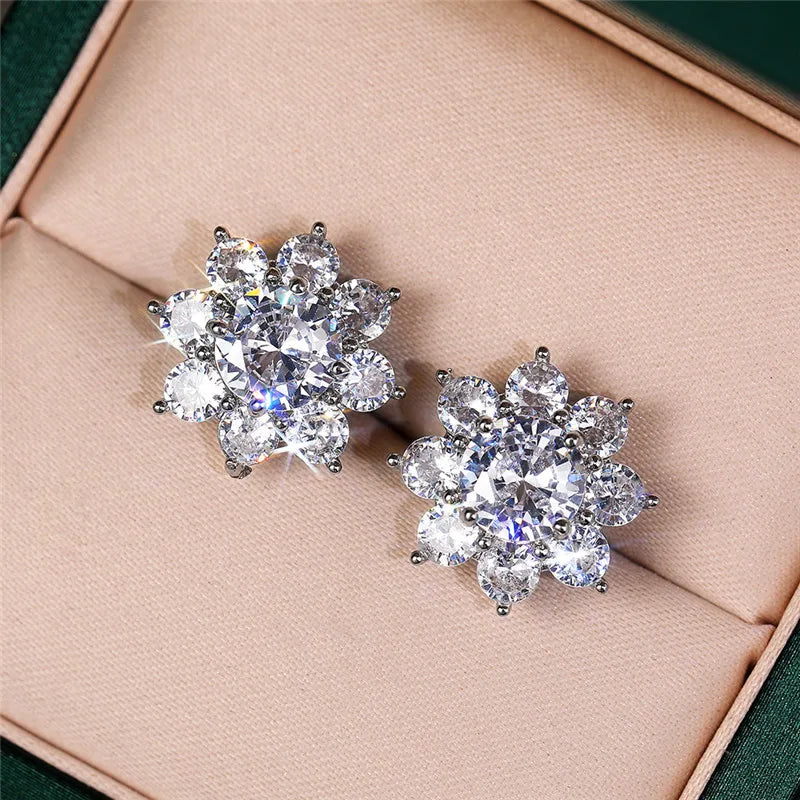 Huitan Crystal Flower Stud Earrings | Cubic Zirconia Women