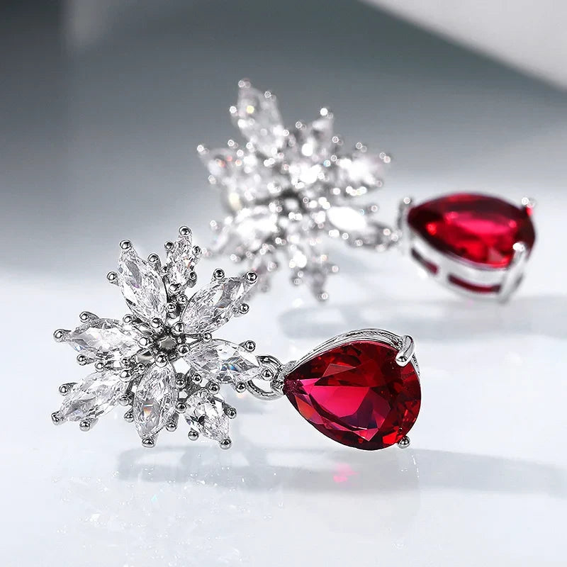 Huitan Red CZ Drop Earrings | Women's Crystal Pendant Jewelry