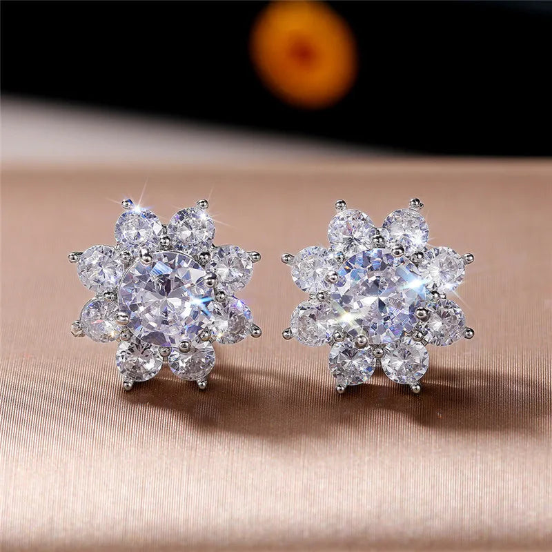 Huitan Crystal Flower Stud Earrings | Cubic Zirconia Women