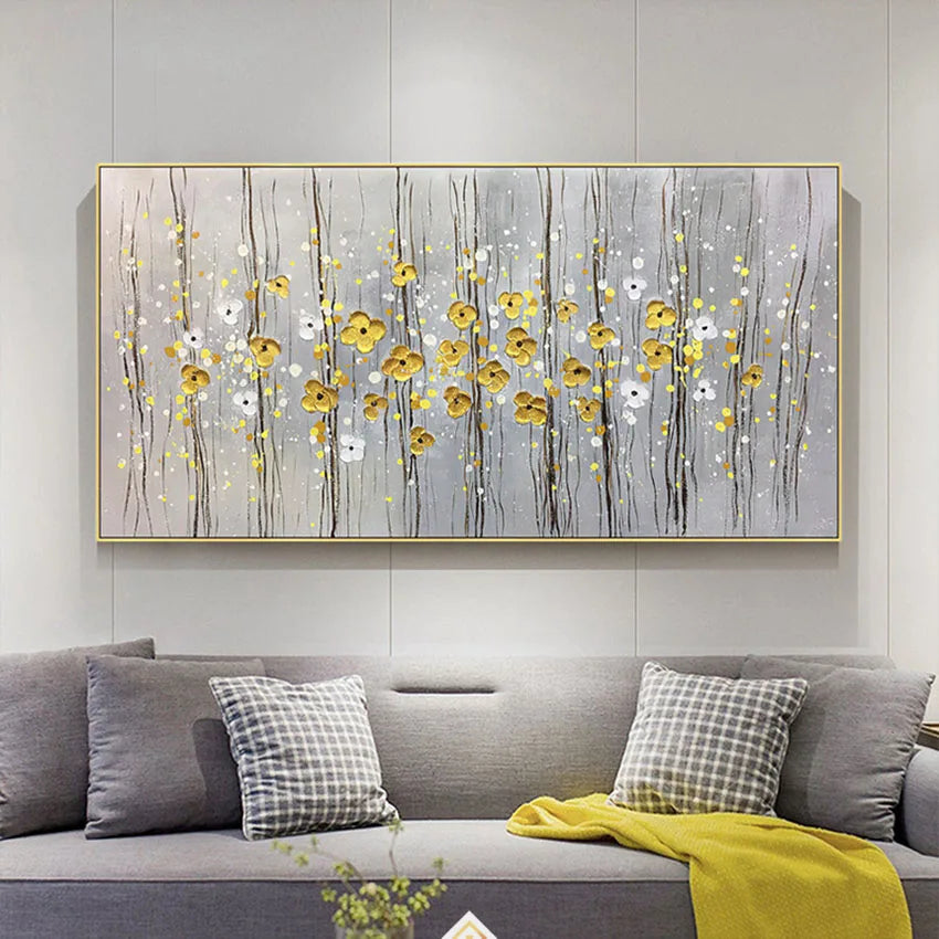 Golden Flowers Hand-Painted Oil Painting on Canvas Wall Art