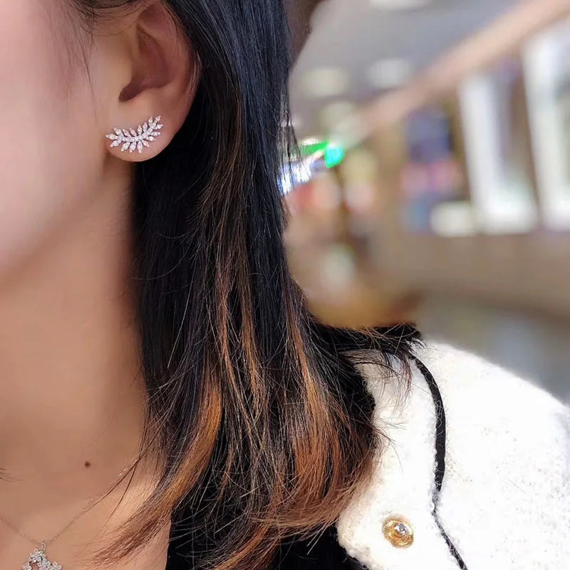 Huitan Silver Leaf CZ Stud Earrings – Women's Fashion Jewelry