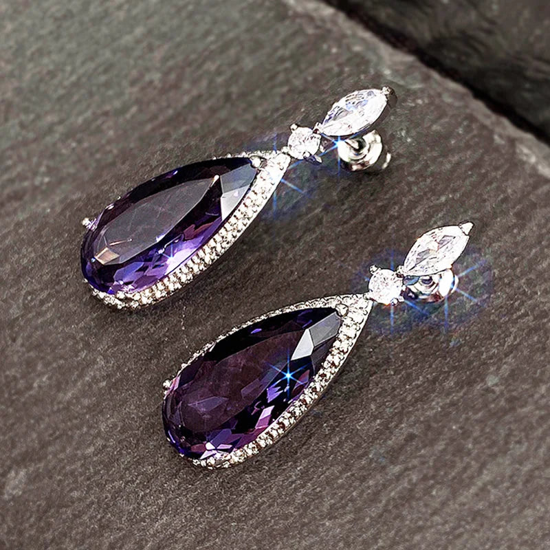 Huitan Purple CZ Teardrop Drop Earrings – Silver-Tone Women's Jewelry