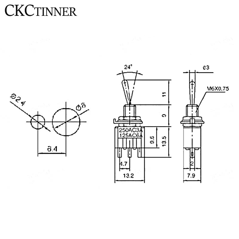 MTS-102 SPDT Toggle Switch 6A 125V 6mm 3-Pin | 5 or 10 Pack