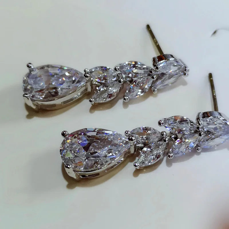 Huitan Leaf & Water Drop CZ Bridal Drop Earrings for Women
