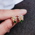 Huitan Gold Flower & Bee Stud Earrings – Green CZ Women's Jewelry