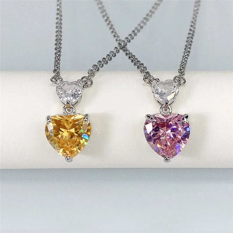 Huitan Double Heart CZ Pendant Necklace – Pink & Yellow Zirconia