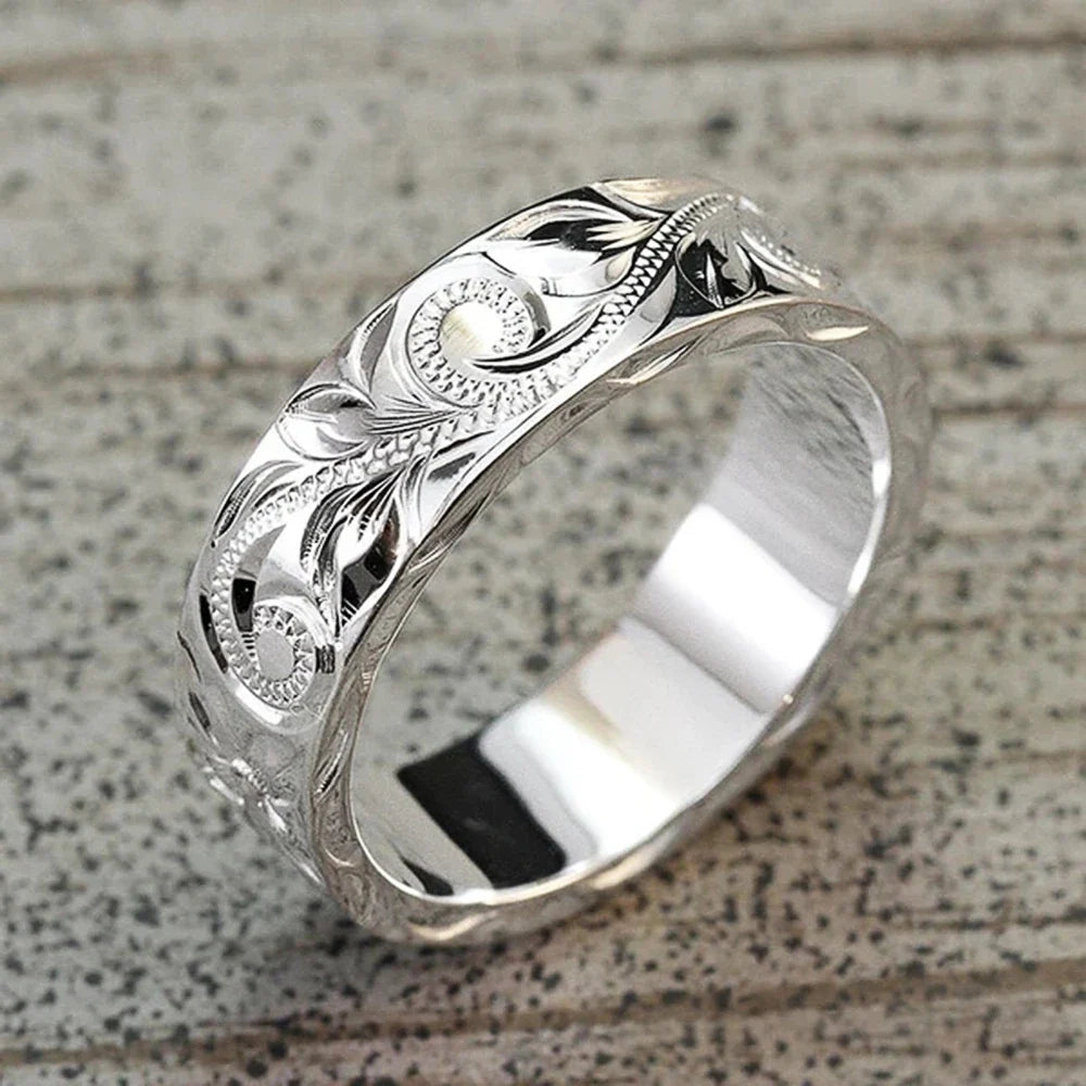 Huitan Carved Couple Rings – Silver-Tone Band Sizes 5–14