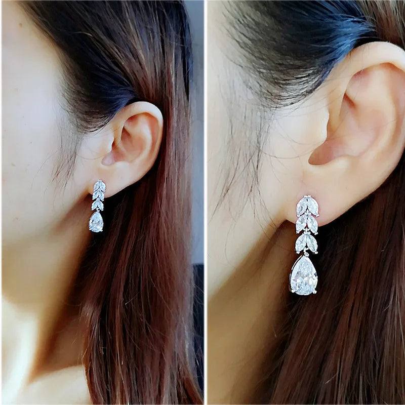 Huitan Leaf & Water Drop CZ Bridal Drop Earrings for Women